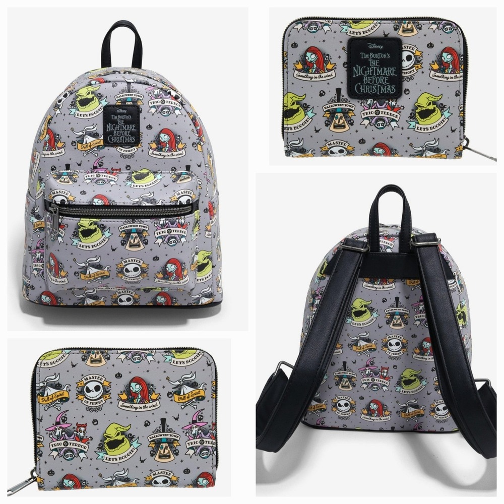 NEW! Loungefly Nightmare Before Christmas Tattoo Art‎ AOP Backpack & Wallet SET!